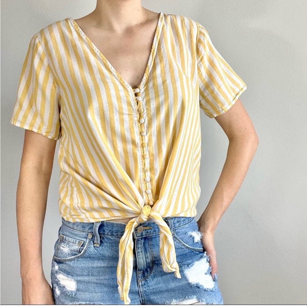 Madewell Yellow and White Tie Front Blouse sz xs